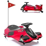 24V Ride on Drift Car,7Ah Battery 180W Brushless Motor Kids Electric Drifting Go-Kart for Rider up to 110 lbs, with Music,Front+Tail LED Light,Low-Power Alarm (Red)