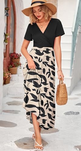 Image of WNEEDU Women's Summer Maxi Dress Short Sleeves Wrap V Neck Long Dresses with Pockets
