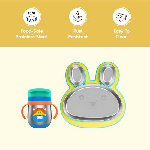 Image of rabitat Happy Tummy Combo Stainless Steel 360 Training Cup Big Cat 390ml and Hoppy Playte Yellow 430ml 3-Sectional Plate for Toddlers & Kids |2 Year Brand Warranty
