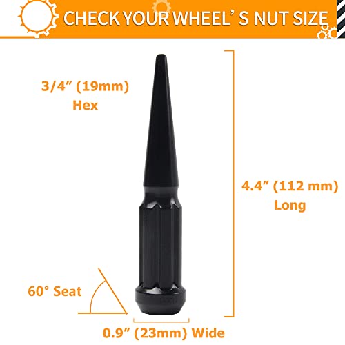 Mikkuppa M14X1.5 Wheel Spike Black Lug Nuts, 32Pcs Black Spike Lug Nuts 14Mmx1.5 Solid 4.4" Tall Acorn Lug Nut With 1 Socket Key Replacement For Chevy Silverado 1500 2500 3500, F-150 F-250 F-350 #TOP1