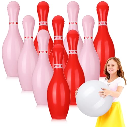 Lunmon 11 Pcs Easter Giant Inflatable Bowling Set 27 Inch Carrot Pins with 23 Inch Bowling Ball Indoor Outdoor for Adults Easter Party Yard Indoor Outdoor Games Supplies(Valentine's Day)