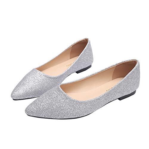 Hee grand Women's Shiny Glitter Ballet Flats Slip On Dress Sparkly Wedding Shoesï¼ŒSilver