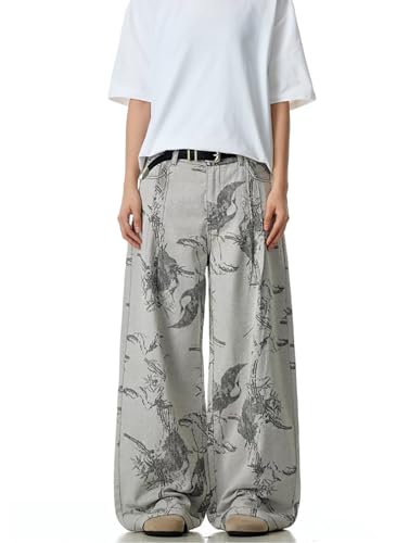 Baggy Jeans for Men Women Y2K Floral Wide-Leg Retro Distressed Grey Cargo Pants Casual Fashion Harajuku Streetwear2