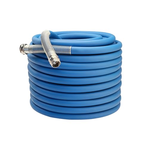 Image of Guitrees 2026 Upgraded Garden Hose 150FT x 5 /8 inch, Heavy Duty Rubber Water Hose with Five Layered Braiding, Swivel male and female Nickel-plated Brass Fittings, 1000PSI Burst, 300PSI Working (Blue)