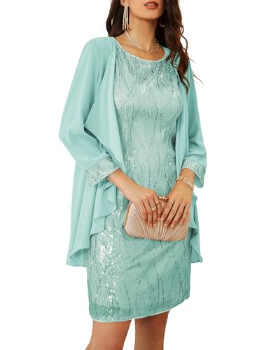 Mother of The Bride Dresses with Jacket Sequin Dress for Professional Aqua Green L
