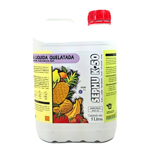 Potasa quelatada al 50% SEPHU-K/50, Es un Fertilizante de Potasio Quelatado Líquido con EDTA y Nitrógeno, Nutriente Agrícola para Olivos, Frutales y todo tipo de Cultivos. 5 Litros
