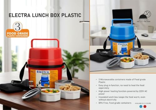 Image of Electric Lunch Box for Office & Travel - 3-Layer Portable Food Warmer Tiffin with Handle, Plug & Shoulder Strap - Leakproof Insulated Electric Tiffin (Multi Color)