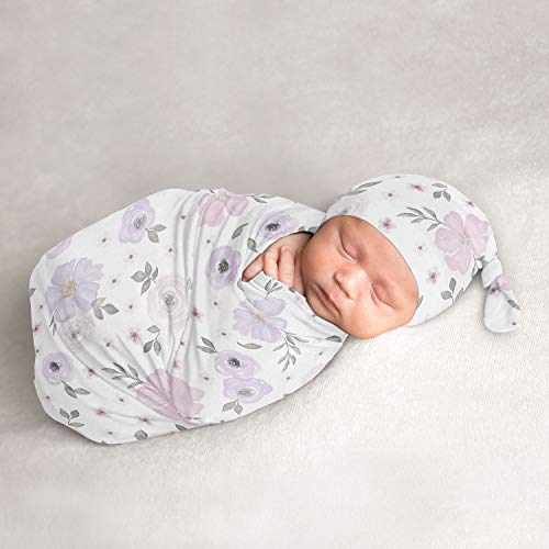 Image of Sweet Jojo Designs Watercolor Floral Baby Girl Cocoon and Beanie Hat 2pc Set Jersey Stretch Knit Sleeping Bag for Infant Newborn Nursery Sleep Wrap Sack - Lavender Purple Pink Grey Shabby Chic Flower