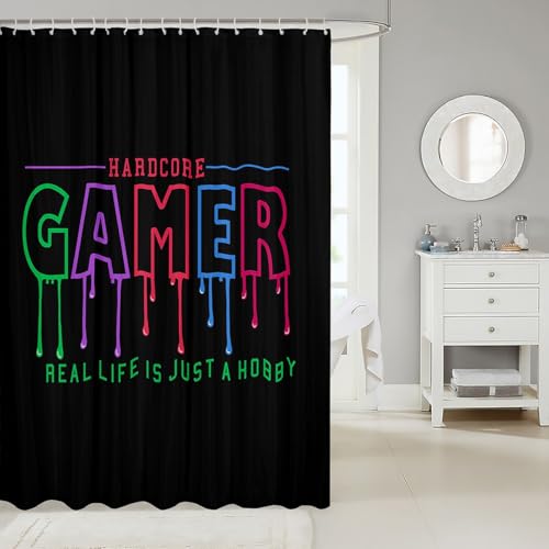 Image of Gamer Bath Curtain for Boys Teens Girls Children Kids Colorful Gaming Cloth Fabric Bathroom Decor Video Game Shower Curtain Novelty Modern Player Waterproof Shower Curtains Set with Hooks 72x78 Inch