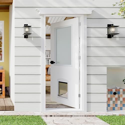 Lakenyon Front Door,32 x 80 1-Lite Exterior Door with Pet Door, Right-Handed Frosted Glass Entry Door, Solid Wood & MDF Construction, Prehung Door Jamb & Hardware Kit, Waterproof Primer