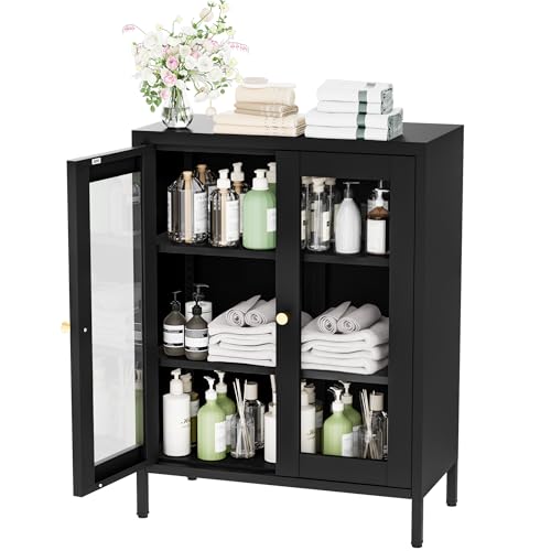 YAUWOH Metal Bathroom Cabinet with Glass Doors,Bathroom Floor Storage Cabinet with 2 Adjustable Shelves & 2 Doors, Sideboard for Small Spaces, Living Room, Dining Room, Home Office