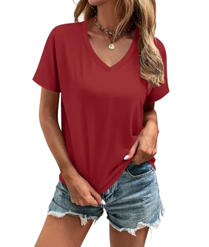 Cosonsen Women's Tops V-Neck Short Sleeve Tshirts Tees Casual Summer Top2
