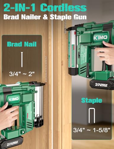 KIMO 18 Gauge Nail Gun Cordless with Battery 2.0Ah X 2, 1000pcs Nails and Staples, 2 Firing Modes, 180 Nails/min, Adjustable Nailing Depth, 2 in 1 Cordless Brad Nailer and Stapler for DIY Project