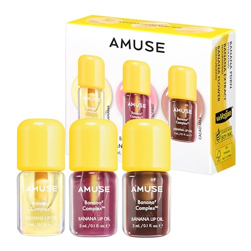 Image of Amuse SEOUL Banana Lip Oil MINI TRIO SET - Moisturizing Lip Oil Stain, Banana Scent, Hydrating Nourishing Crystal Clear Lip Stain, Lightweight Non-Sticky Glossy Finish, Vegan, Korean Beauty Makeup