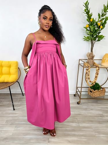 Image of YUEWOO Midi Dresses for Women Casual Summer Sundresses Vacation Outfits Spaghetti Strap Smocked Women Maxi Dress with Pockets