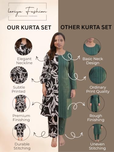 Image of Leriya Fashion Women's Cotton Printed A-Line Kurti Pant Set | Abstract Leaf & Floral Kurta with Trouser Pant | Casual Ethnic Co-ord Set for Women Stylish | Elegant Anarkali Style Tunic Kurta Set