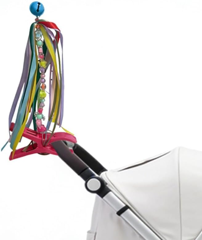 Stroller Flag Bell Baby Carriage Identifier with Rainbow Ribbons and Beads, Stroller Tag Finder Hanger for Theme Parks, Airports