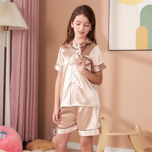 Girls Summer Silky 𝐏a𝐣amas Toddler Kids Boys Solid Button Down Short Sleeve with Shorts 𝐒lee𝐩wear 2PCS 𝐍𝐢ghtwear 𝐏𝐣s2