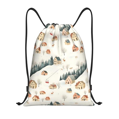 Drawstring Backpack - Winter Cable Car Elk Print Sports Gym Sackpack String Bag For Women Men, Lightweight Draw String Back Bag For Workout Travel