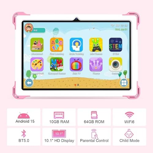 Image of 10 Inch Android 15 Kids Tablet, 10GB RAM 64GB ROM, 6000mAh Battery, Parental Control, Iwawa Educational Learning Apps, Tablet for Kids 3-7(Pink)