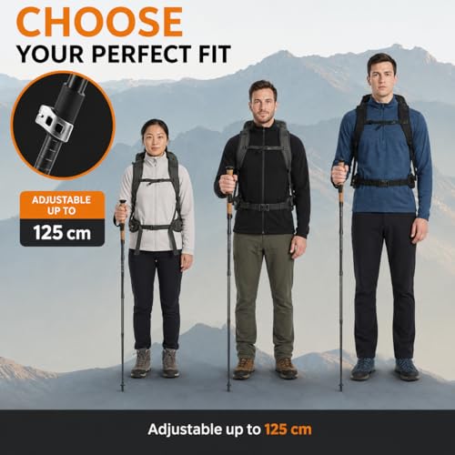 Image of Foldable Trekking Pole for Hiking & Trekking | Adjustable Up to 125 cm | Lightweight Aluminum Walking Stick with EVA Grip, Flip Lock, Snow Basket & Carry Bag 1 Piece