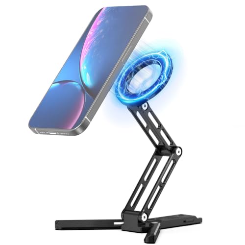 Image of CAMBOFOTO Magnetic Phone Holder for iPhone Aluminum Mini Tripod Stand Black | Strong Magnet Ring Phone Grip Stand for Desk, Adjustable Mount Compactible with MagSafe /Android Cellphone Calls Vlog Video
