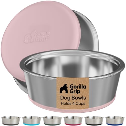 Image of GORILLA GRIP Dog Bowls, Food Grade 304 Stainless Steel, Holds 4 Cups Each (32 fl oz) Food and Water Bowl for Feeding Dogs and Cats, Dishwasher Safe, Rust Resistant, BPA Free Rubber Base Set of 2 Pink