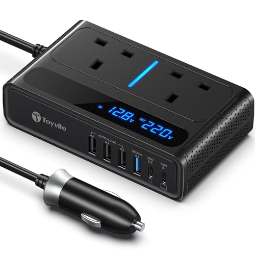 8 in 1 200W Car Power Inverter 12V to 240V / 230V with 2 Sockets, 4 USB Ports and 2 Type-C Ports, Fast Charging Car Voltage Converter Inverter, with Cigarette Lighter Plug, Suitable for Laptops, iPads