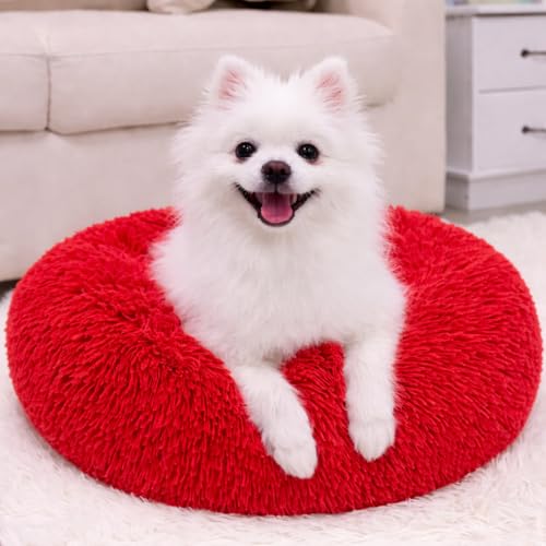Image of ZEXSAZONE Summer Calming Dog Bed & Cat Bed for Indoor Cats Medium Size Washable Anti-Slip Anti-Anxiety Donut Mat for Small Dogs & Fluffy Plush Cozy Round Dog Bed (Small Red)