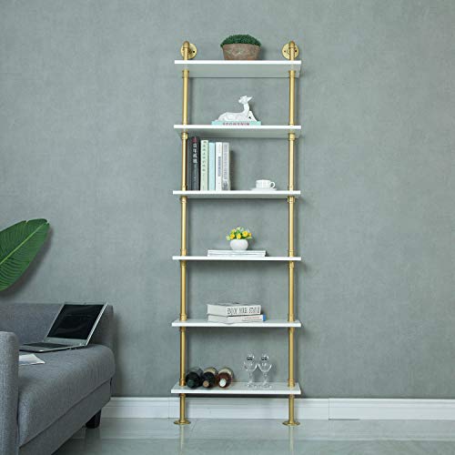 Wgx Design For You Industrial 6-Tiers Modern Ladder Shelf Bookcase,Wood Storage Shelf,Display Shelving, Wall Mounted Wood Shelves(Gold) #TOP1
