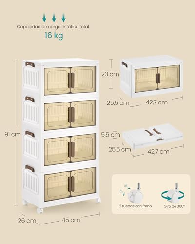 Miniatura 6 de Songmics Cajas De Almacenamiento De 4 Niveles, Organizador Con 1 Tapa, Cajas Apilables, Con Ruedas, De Plástico, Con Puerta Magnética, Blanco, 25 L Por Nivel, Rlb445wz01