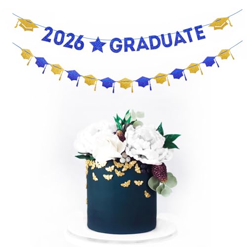 Image of Navy-Blue White-Gold Party-Decoration Graduation Banner - 8pcs Kits Cap Garland Streamers, Paper Tissue Pom Poms Flowers, 2025 Craduate Banner Congratulations Grad Decor Lasting Surprise