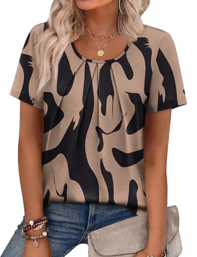 Image of WIHOLL Women T Shirts Pleated Short Sleeve Tops Business Casual Dressy Blouses