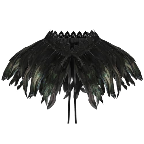 MorLuks Cuello de Plumas Negro, Chal Plumas Gótico, Mantón Plumas, Chales Bufanda de Plumas, Disfraz Cuervo para Halloween Carnaval Cosplay Mascarada