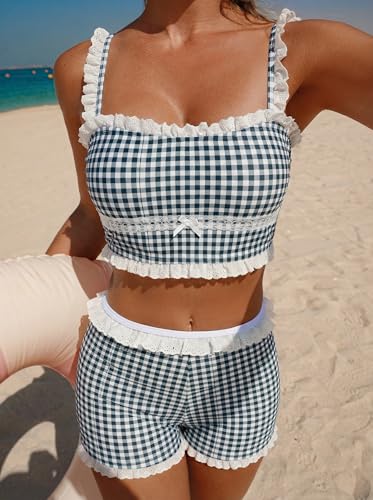 Image of ZAFUL Womens High Waisted Bikini Sets 2 Piece Plaid Ruffle Swimsuits Back Strap Top with High Waisted Shorts Bathing Suit