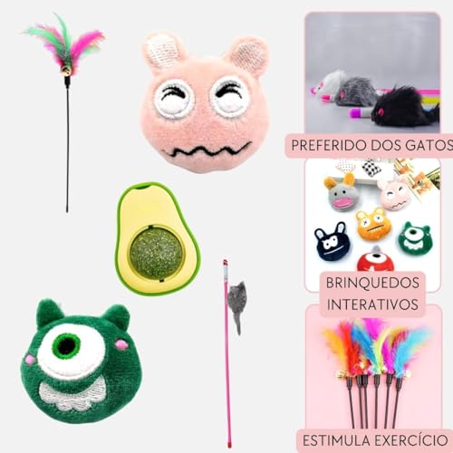 Kit 5 Brinquedos para Gato com Catnip, Varinha, Pelúcia Abacate Interativa, Brinquedos com Sino e Gu