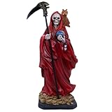 12' Santa Muerte Statue | Our Lady of a Holy Death | Gold-tone, Red, or Brown Robe | Skeleton Statue Holding a Globe and Scythe with a Brown Owl on her shoulder | Home Décor (Red)