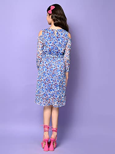 Image of LILPICKS Girls Floral Printed Cold Shoulder Fit n Flare Dress (Blue White)