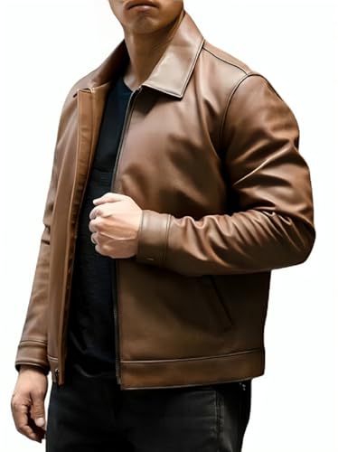 Image of Mens Shirt Collar Genuine Real Lambskin Leather Jacket For Men Vintage Classic Biker Style with Zip Out Liner