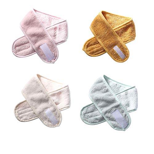 Moiky Spa Headband,Adjustable Makeup Headband,Shower Terry Cloth Headbands,Face Wash Wrap Headband,Facial Korean Skin Care Hair Bands(4 Pack - Pink/Yellow/Beige/Green)