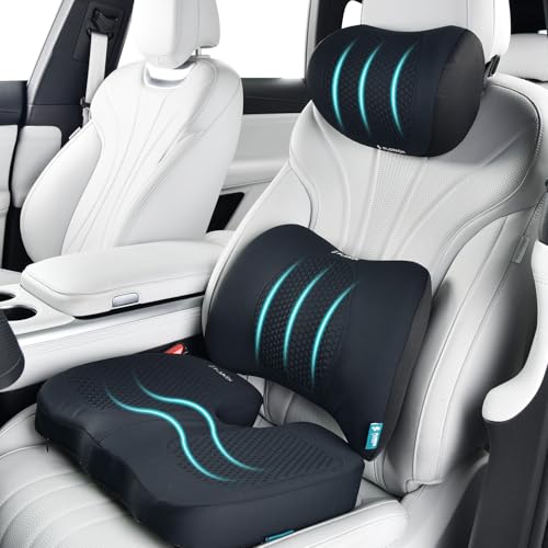 Image of FLORICH 3 PCS Seat Cushion for Carseat Lumbar Support Pillow Car Neck Headrest Pillows Memory Foam Gel Memory Foam Massage Point Seat Pads Pressure Relief Back Cushion for Office Chair(Black)