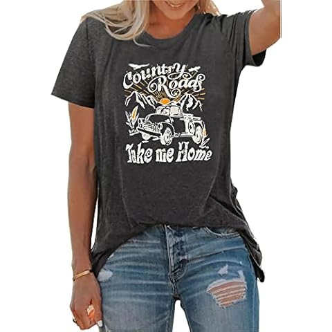 Country Roads Take Me Home T-Shirt for Women Funny Letters Print Short Sleeve Graphic Tee Tops - Grey - Medium Cover