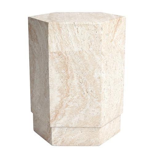 Empire Art Direct Hexagonal Travertine Stone Finish Italian Design MgO Side Accent Table, Living Room, Bedroom & Office, 14.6