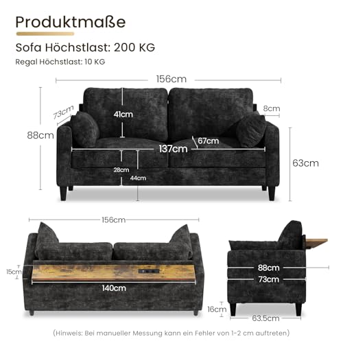 KKL Couch 2 Sitzer Sofa mit LED-Lichtschläuche und Konsolentisch, mit 2 AC-Ladeanschlüssen und 2 USB-Anschlüssen Chenille für Wohnzimmer/Schlafzimmer/Wohnung – Bild 3