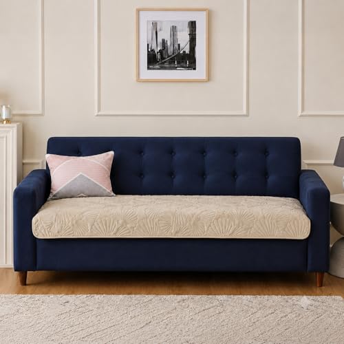 Image of Amazon Basics - Velvet Quilted Make Your Own Sofa Cover |70 x 180 cm| Microfiber Sofa Slipcover (Damask,Cream, 3 Seater)