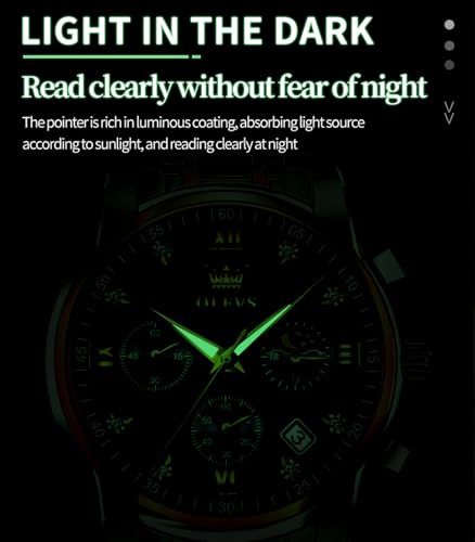 OLEVS Male Wrist Watches, Analog Quartz Business Stainless Steel Waterproof Luminous Luxury Casual Big Diamond Dial Date Multi-Function Chronograph for Man