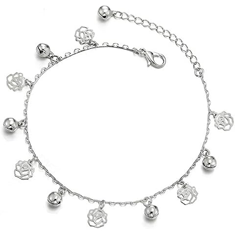 COOLSTEELANDBEYOND Mujer Cadena Enlace Tobillera con Colgantes Rosa Charms y Cascabel Cover