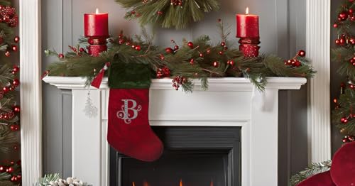 Christmas Stocking Red & Green Velvet w/Tassel, Rhinestone Monogram B