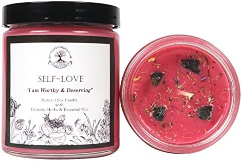 Self Love Affirmation Candle | 9 oz Natural Soy Wax | Pink Thulite Crystals, Herbs & Essential Oils | Acceptance, Self-Worth, & Forgiveness Rituals | Wiccan, Pagan, Spirituality