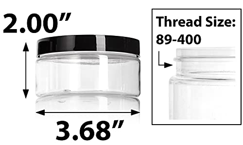 (6 Pack) 8 oz Clear Low Profile Plastic Wide Mouth Jar with Black Smooth Lids + Spatulas